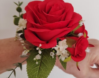 Red Silk Rose Wrist Corsage: Wedding, Prom, Bridesmaid Accessory (1 available for despatch)