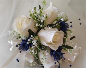 Ladies Pin-On Corsage, Wrist Corsage in Navy and Ivory with Navy Pearl Accents/Groom/Guest Buttonholes