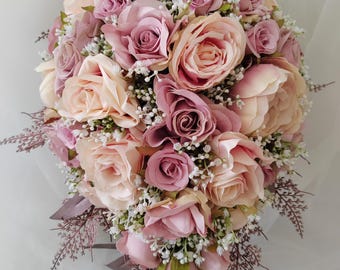 Dusky Pink & Blush Pink Brides Teardrop Bouquet with  Rose Gold Fern and Accents