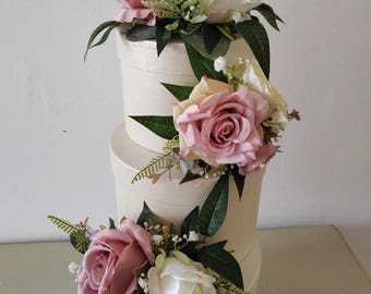Dusty Pink and Ivory Silk Rose Cake Flowers and Topper