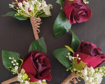 Groomsmen/Wedding Guest Burgundy Buttonhole/Boutonniere with Gypsophila