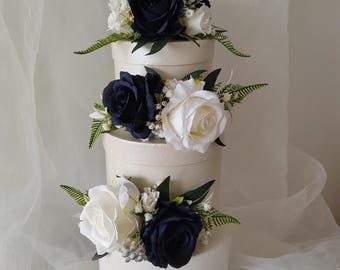 Stunning Navy and White Silk Rose Cake Flowers and Topper