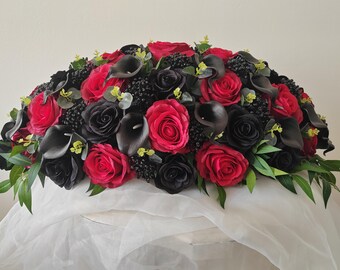 Gothic Red & Black Rose Table Centerpiece: Wedding Registry Arrangement