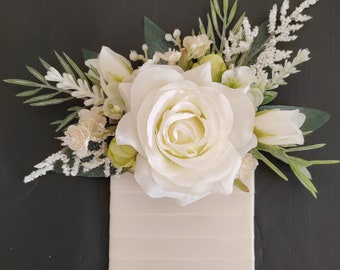 Grooms Ivory Rose Pocket Boutonniere with Sage Foliage, Flower Pocket Square, Groomsmen Boutonnieres, Ivory and Sage Boutonnieres.