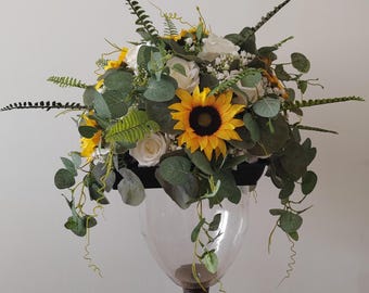 Sunflower Pedestal Arrangement: Ivory Roses & Trailing Eucalyptus