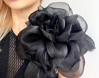 Oversized Flower Brooch, Extra Large Rose, Black Flower Pin, Oversized Handmade Black Organza Flowers Brooch. Size and color of your choice.