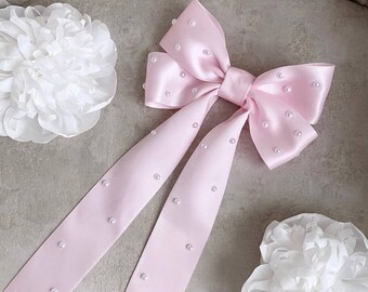 Pale Pink Hair Bow Long Ribbon Tails French Barrette Blush Pink Oversized Bow Satin Silk Bow with Pearls Light Pink Bow