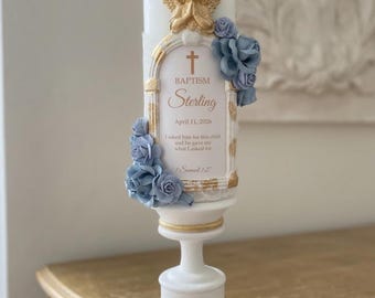 Baptism Candle for Boy Angel & Cross | Blue Personalized Baby Christening Candle | First Communion Gift