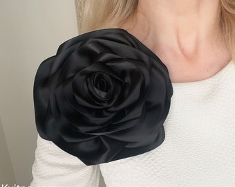 Black Fabric Flower Brooch Wedding Brooch Large Flower Brooch Large Giant Fabric Flowers Large Rose Flower Brooch Shoulder Brooch