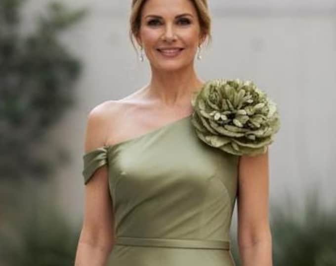 Olive Green Peony Brooch: Handmade Satin Fabric Flower Pin – Custom Size & Color