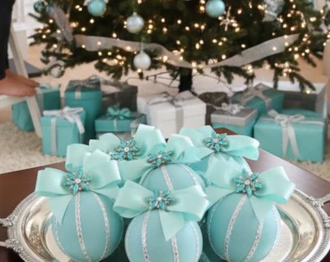 Handmade Aqua Christmas Ornaments: Turquoise Crystal Brooch & Satin Bow Baubles