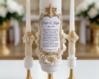 Church Unity Candle Set with Bible Verse – Personalized Religious Wedding Candles Cross & Gold Frame