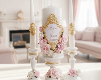 Luxury Unity Candle Set Gold Frame & Blush Pink Flowers, Wedding Ceremony Candles, Personalized, Holders