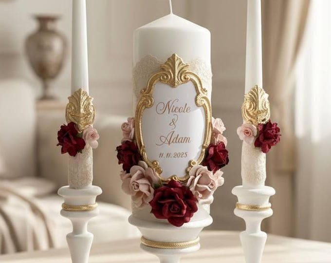 Handmade Burgundy Wedding Unity Candle Set: Custom Color of Flowers, Lace & Gold Details
