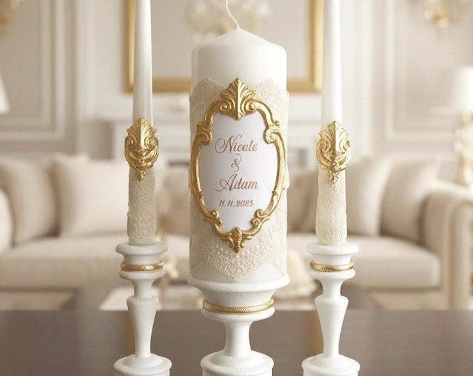 Unity Candle With Holders –  Gold Personalized – Custom Elegant Wedding Decor