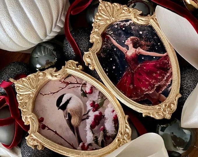 Vintage-Style Christmas Ornaments – Gold Frame – Velvet Ribbon – Santa, Snow Bird, Ballerina, Owl, Tree