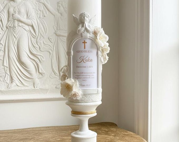 Handmade White Baptism Candle Angel & Cross | Personalized Baby Christening Candle Lace, Floral | Keepsake Gift