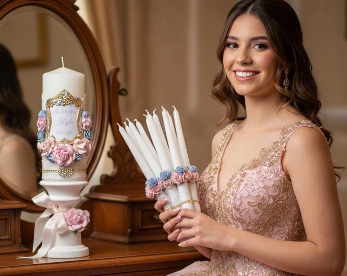 Personalized Quinceañera Ceremony Candle Set – Lace Floral, Custom Name & Date