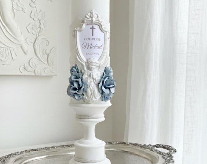 Blue Baptism Candle for Boy – White Lace Angel Candle with Florals – Personalized Keepsake Custom