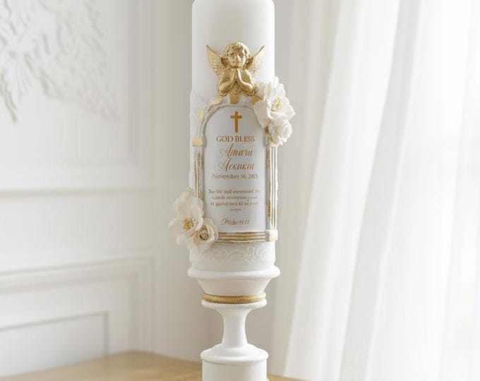 Personalized Baptism Candle with Gold Cross and Angel, Lace, Custom Christening Keepsake