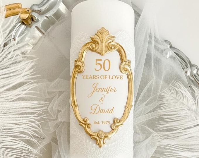 50th Wedding Anniversary Candle Personalized Golden Frame Custom Names Date Photo
