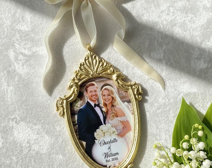 Wedding Photo Ornament – Gold Frame – Custom Newlyweds Keepsake – 50th Anniversary Ornament