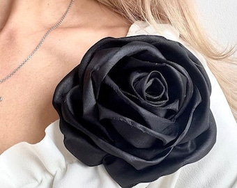 Black Rose Brooch Midnight Bloom: Handmade Large Flower Pin Color and Size Customizable to Your Preference