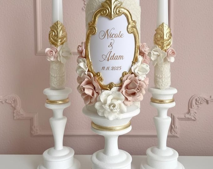 Personalized Unity Candle Set: Ivory or Off-White Lace, Blush Floral, Gold Frame. Custom Colors