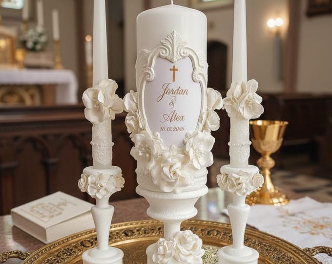 Elegant Off White Unity Candle Set | Church Wedding Candles | Gold Personalization & Symbol | Flowers | Handmade