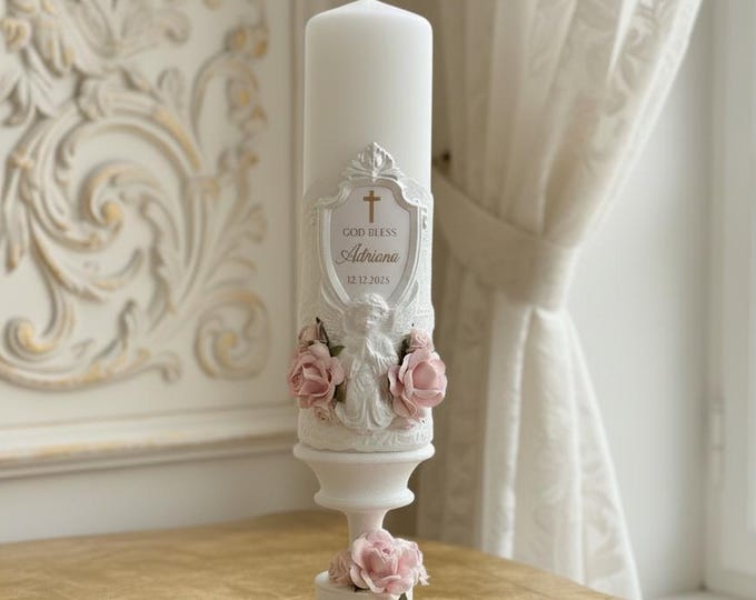 Personalized Baptism Candle for Girl – Pink Floral Christening Candle with Lace, Tapers & Angel Keepsake