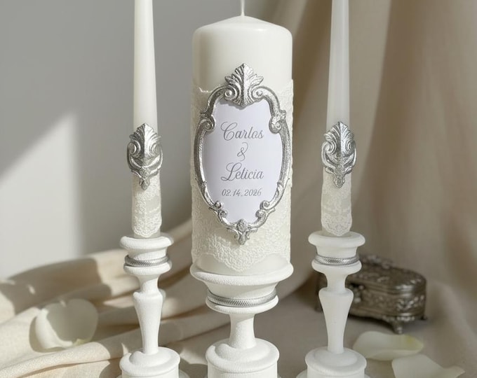 Silver Unity Candle Set – White Lace Wedding Ceremony Candles with Vintage-Style Frame
