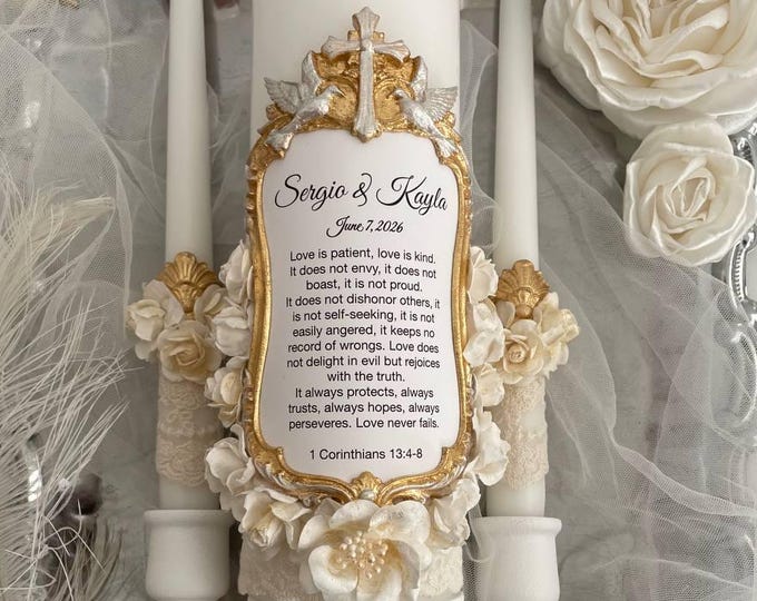 Church Unity Candle Set with Bible Verse – Personalized Religious Wedding Candles Cross & Gold Frame