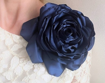 Navy Blue Flower Brooch Oversized Wedding Brooch Large Flower Rose Peony Brooch Pin Large Giant Fabric Flowers Large Rose Flower Corsage