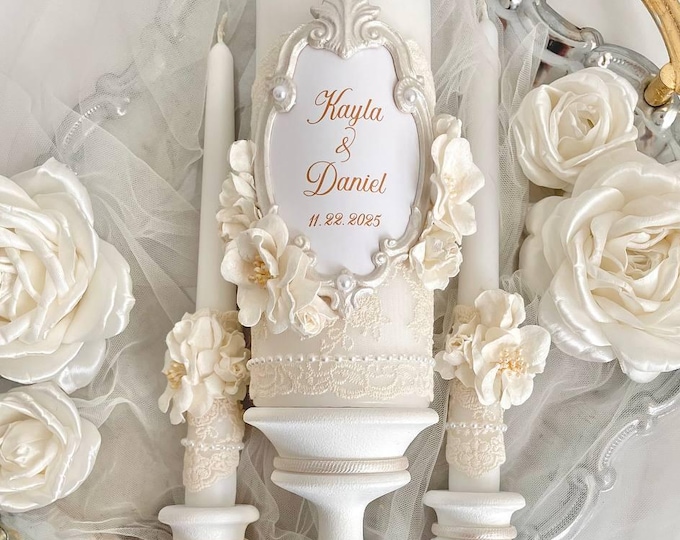 Sacred Church Wedding Unity Candle Set with Lace, Pearl Frame and Custom Names