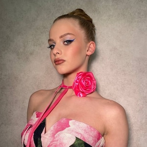 Handmade Hot Pink Rose Choker: Satin Silk Flower, Velvet Ribbon