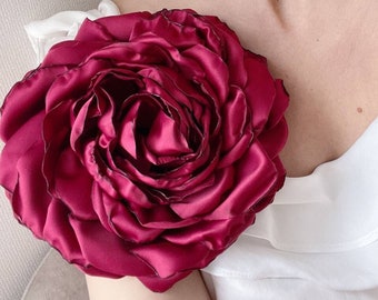 Large Flower Brooch Burgundy Rose Dark Red Maroon Big Peony Flower Party Silk Flower Shoulder Pin Women Extra Large Brooch Wedding Flower