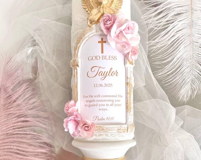 Personalized Baptism Candle Girl – Pink Flowers, Gold Angel, White Lace – Unique Handcrafted Baptism Accessory