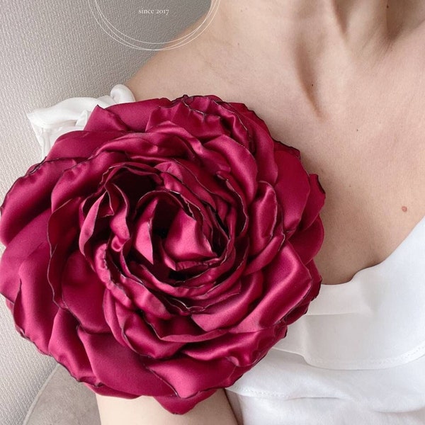 Large Flower Brooch Burgundy Rose Dark Red Maroon Big Peony Flower Party Silk Flower Shoulder Pin Women Extra Large Brooch Wedding Flower