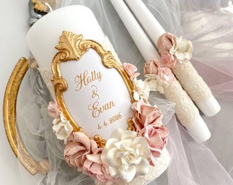 Personalized Unity Candle Set: Ivory or Off-White Lace, Blush Floral, Gold Frame. Custom Colors