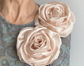 Champagne Puffy Large Flower Brooch - Handcrafted Opulence. Set of 2 Rose Brooches. Color and size of your choice