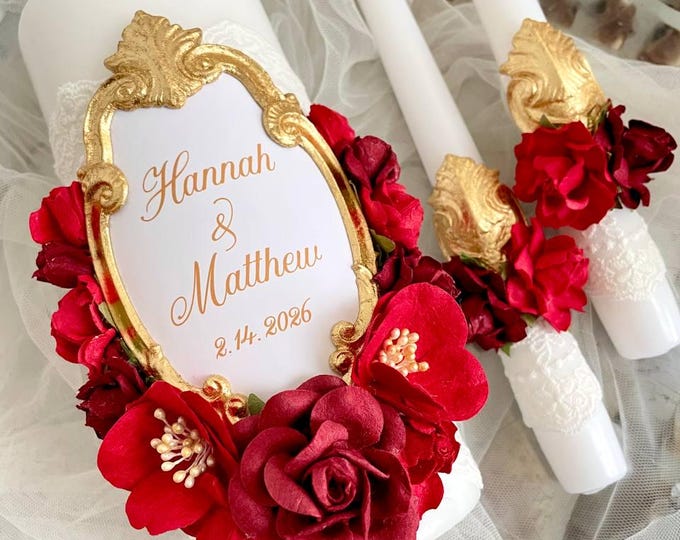 Unity Candle Set – Burgundy Red Flowers – Gold Frame Lace – Personalized Wedding Candles