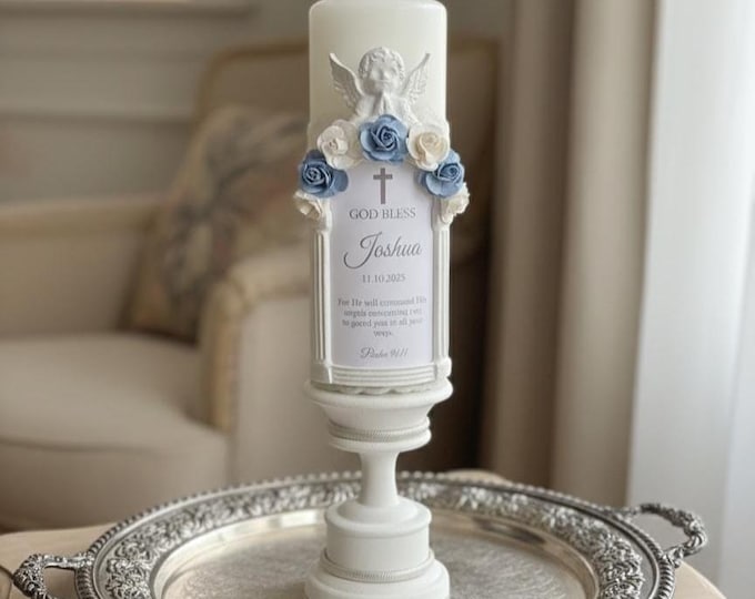 Baptism Candle Boy Blue Personalized: Angel Christening Keepsake