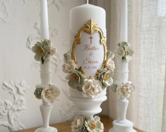 Sage Green Wedding Unity Candle Set: Custom Colors, Lace, Flowers & Personalized Frame