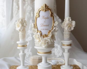 Ivory & Gold Wedding Candles  |  Classic Bridal Decor  | Vintage-Inspired Lace and Flowers  |  Elegant Keepsake Gift