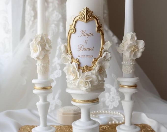 Ivory & Gold Wedding Candle  |  Classic Bridal Decor  | Vintage-Inspired Lace and Flowers  |  Elegant  Keepsake Gift