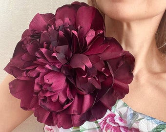 Large Flower Brooch Big Peony Flower Burgundy Party Flower Silk Flower Shoulder Pin Women Extra Large Brooch Peonies Dark Red Maroon Wedding