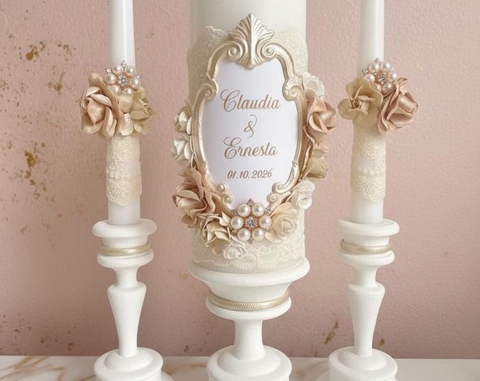 Champagne & Ivory Unity Candle Set – Elegant Neutral Wedding Candles  – Lace, Flowers – Personalized Church Ceremony