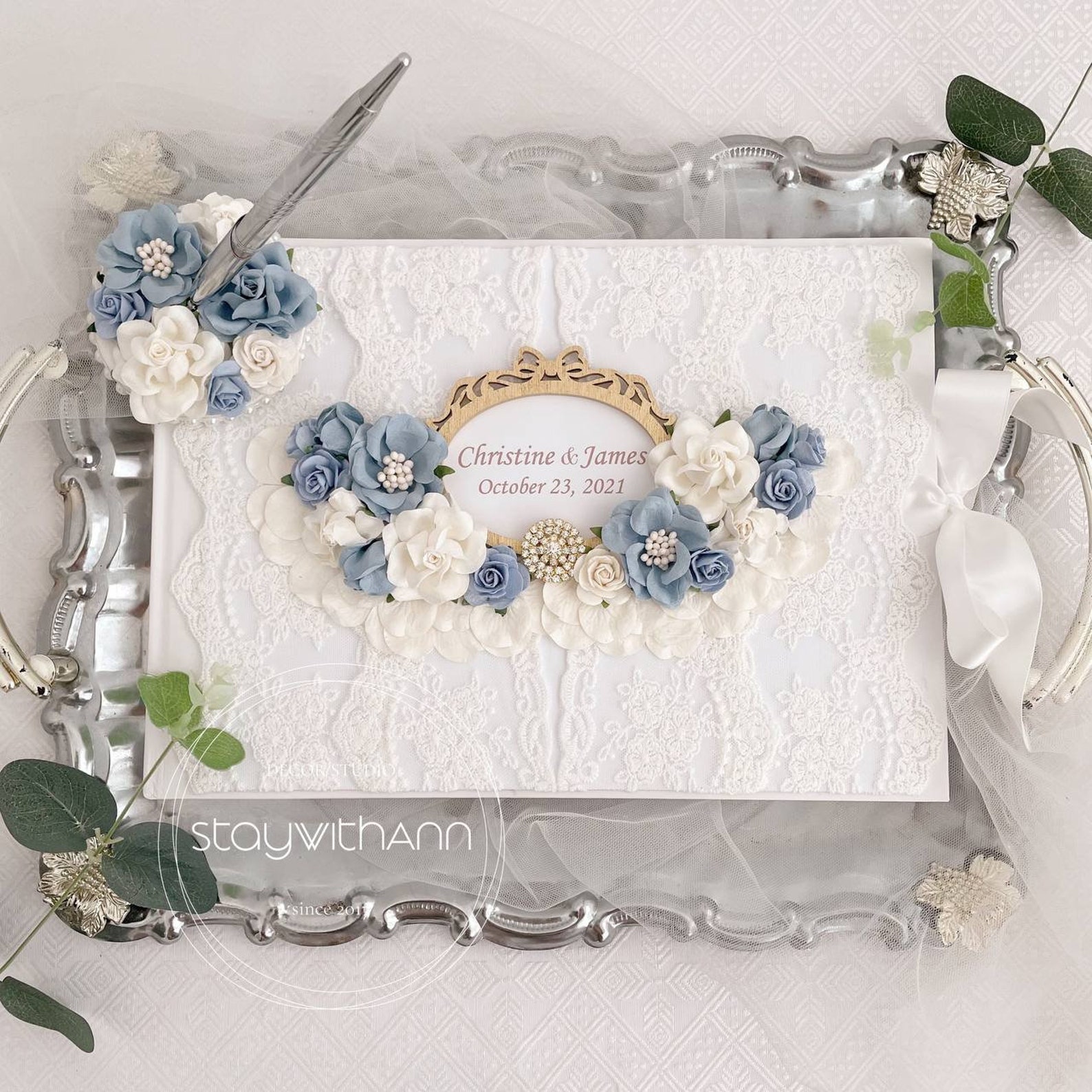 Wedding Guest Book Dusty Blue Guest Book Wedding Pen and Stand Etsy