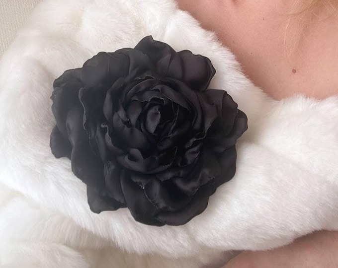 Black Camellia Rose Flower Brooch – Gothic Wedding Accessory | Satin Silk Pin for Women