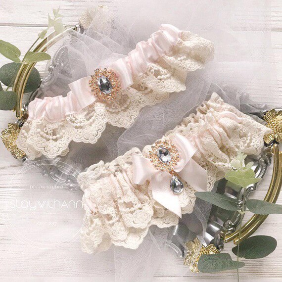 Pearls Ivory and Lavender Lace Wedding Garter Set with Roses Rhinestones and Personalized Engraving